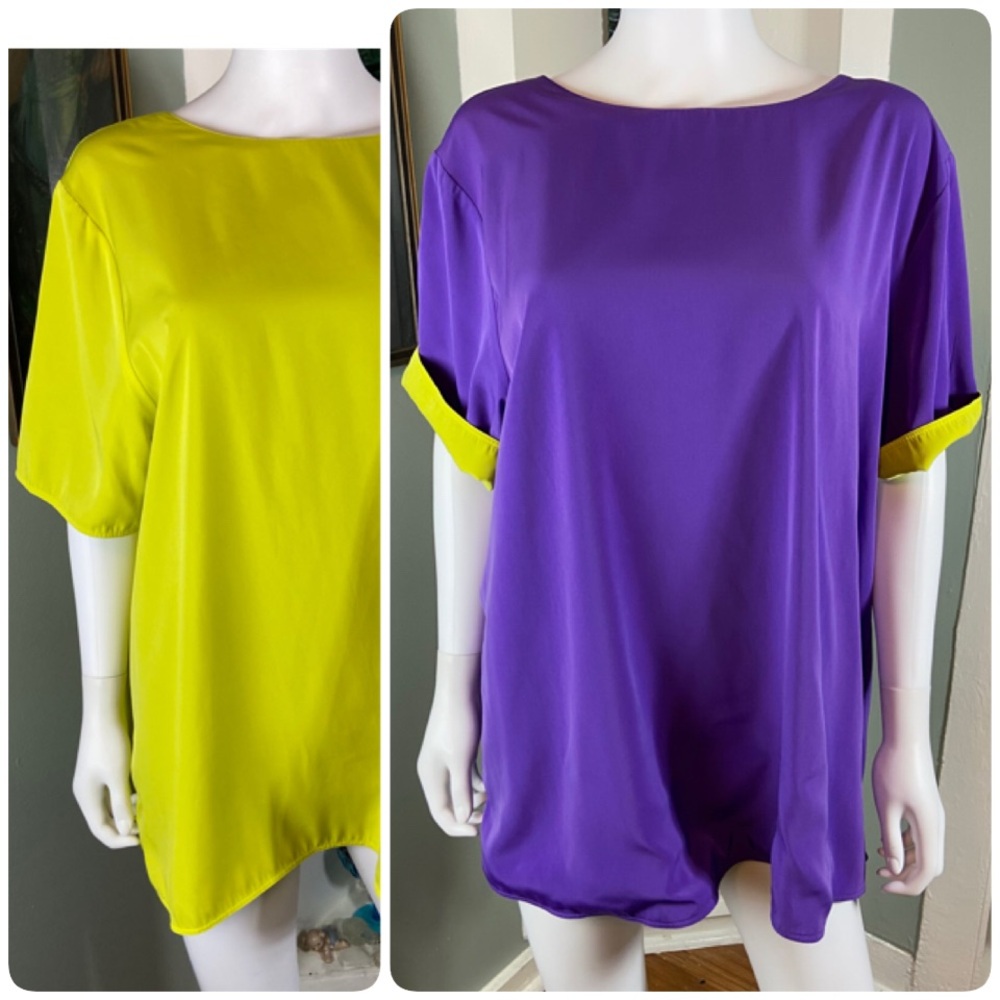 Vintage 90s Grove Avenue 22W Reversible Purple Yellow Blouse Tee Shirt Top